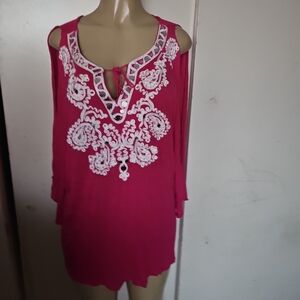 INC International Concepts Fuchsia Blouse with White Embroidery